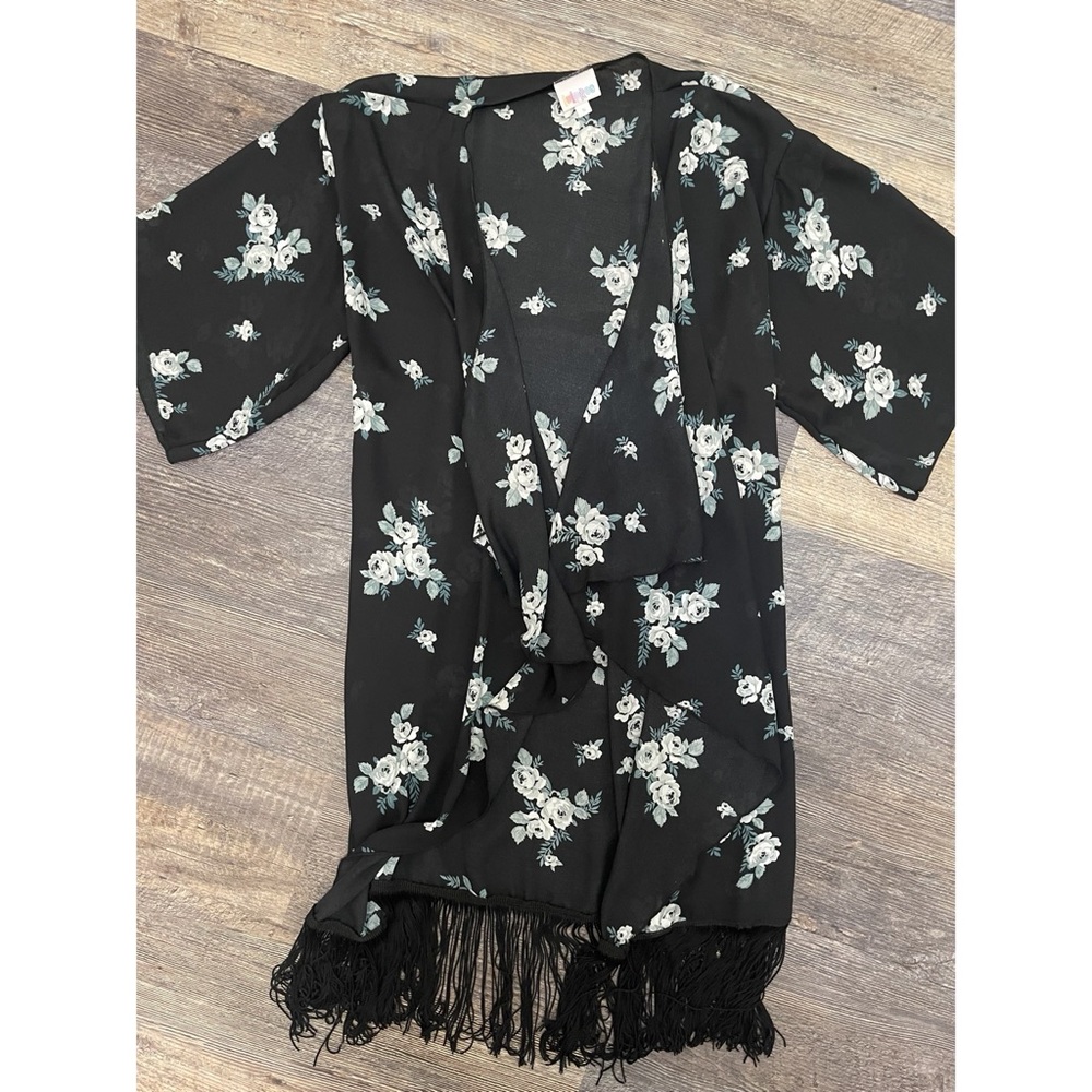 Neutral Monochromatic Floral Kimono, Sheer Fringe, Lularoe Monroe